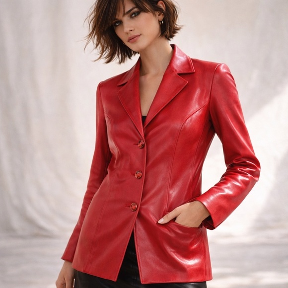 Vintage Jackets & Blazers - Vintage Red Leather Blazer Fitted Buttery Soft Statement Jacket Sz M